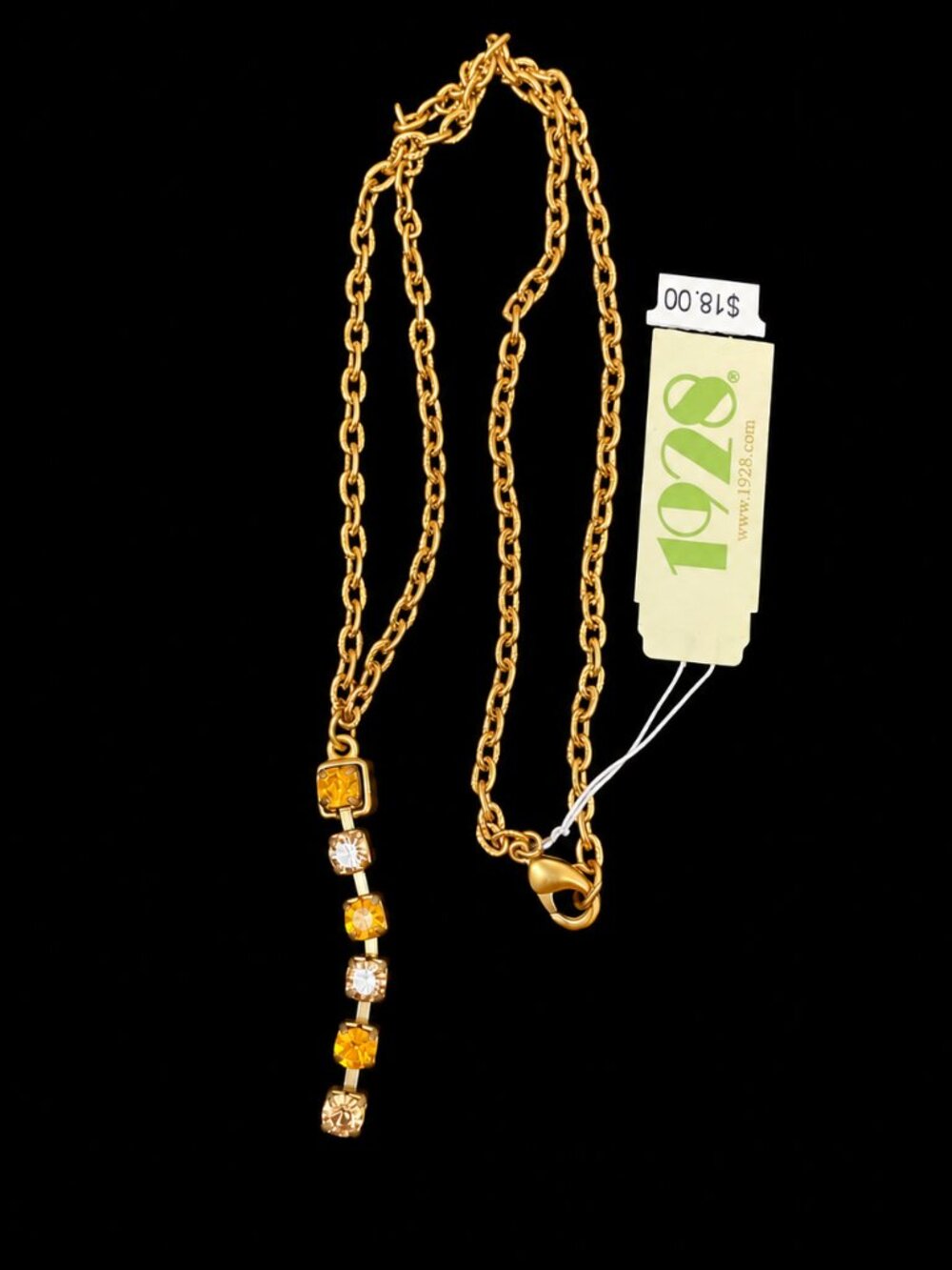 With Tag new old stock vintage 1928 jewelry company gold tone amber gem necklace